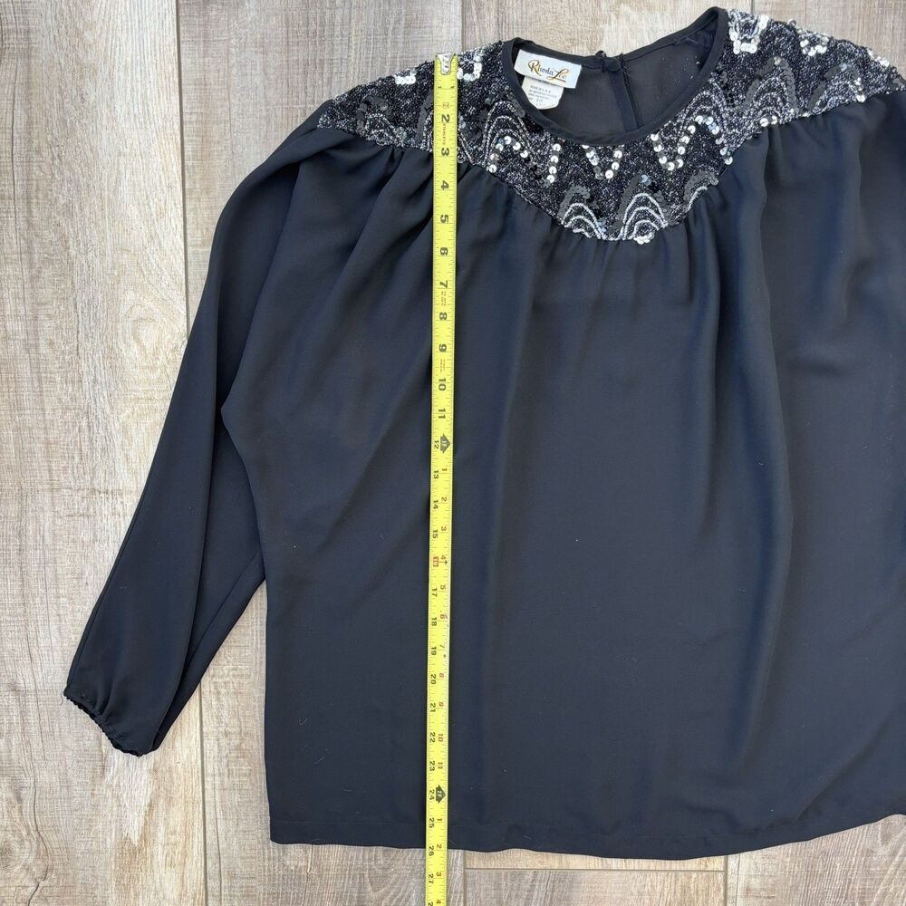 Vtg 80s Blouse Sz 18 Black Sequin Sheer Union Label Flowy Going Out Top Retro - Picture 10 of 11